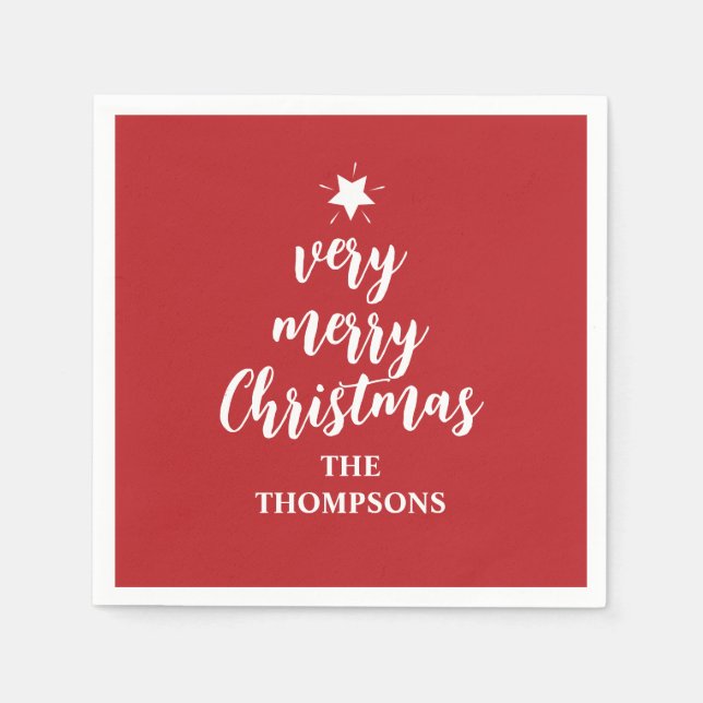 Christmas Cute Red Tree Star Typography Party Napkin (Front)