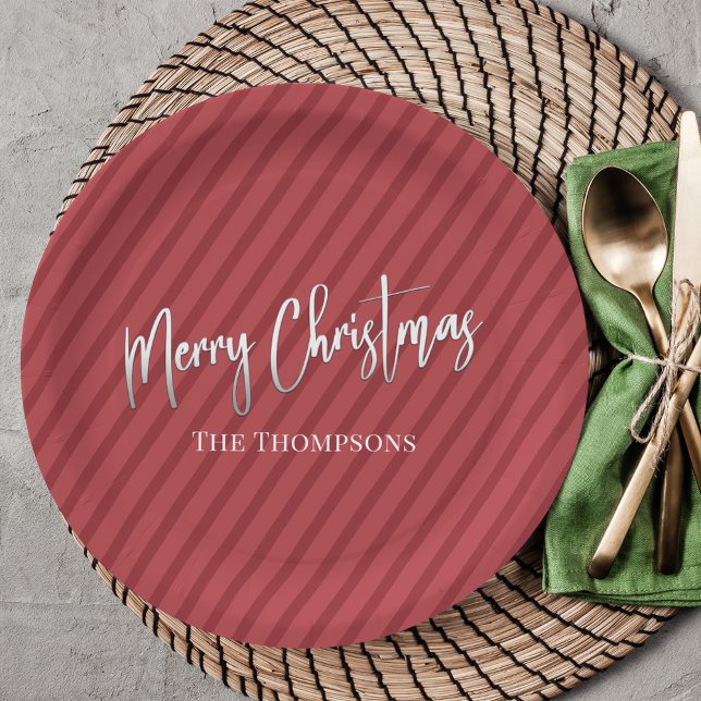 Christmas Cute Red Whimsical Striped Calligraphy  Paper Plate (Merry Christmas holiday silver white calligraphy script lettering. )