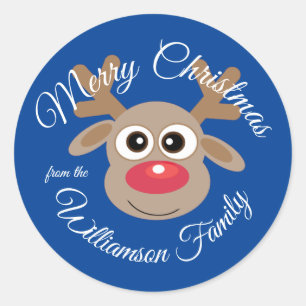 Christmas Cute Reindeer Cartoon Blue Novelty Classic Round Sticker