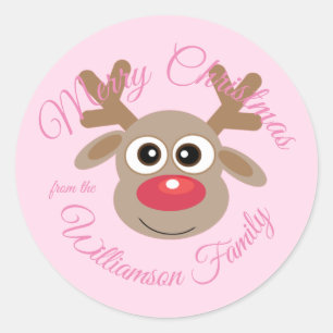 Christmas Cute Reindeer Cartoon Girly Pink Novelty Classic Round Sticker