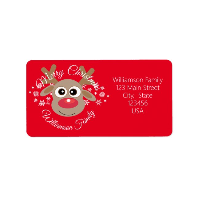Christmas Cute Reindeer Cartoon Red Script Type Label (Front)
