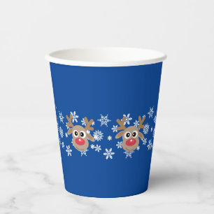 Christmas Cute Reindeer Cartoon Snowflakes Blue Paper Cups