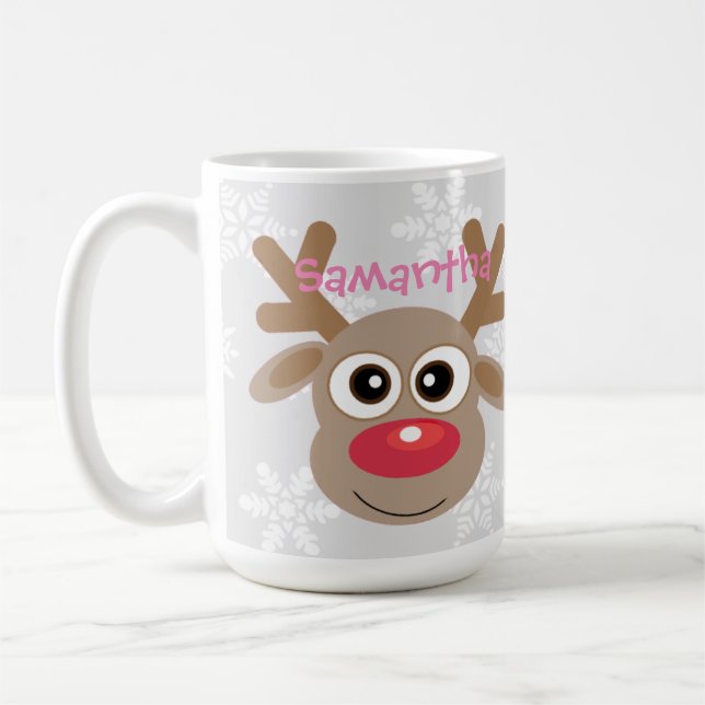 Christmas Cute Reindeer Cartoon Snowflakes Grey Coffee Mug (Left)