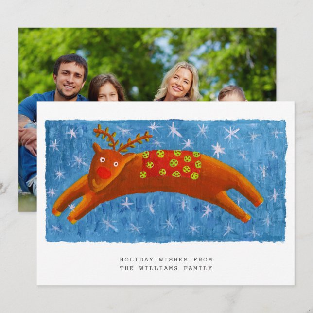 Christmas Cute Reindeer Illustration Photo Holiday Card (Front/Back)