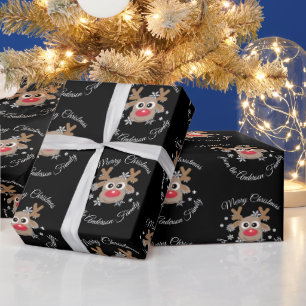 Christmas Cute Reindeer Script Snowflake Black Wrapping Paper