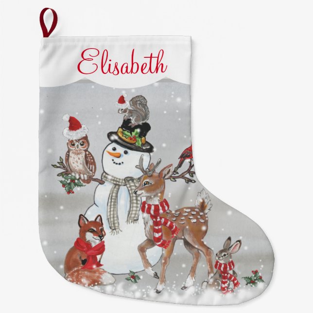 Christmas Cute Reindeer Woodland Animal Snowman Large Christmas Stocking (Front)