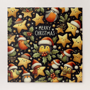 Christmas cute Robins and Golden stars Jigsaw Puzzle
