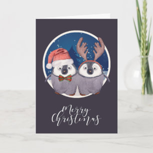 Christmas Cute Santa and Reindeer Penguin Couple Holiday Card