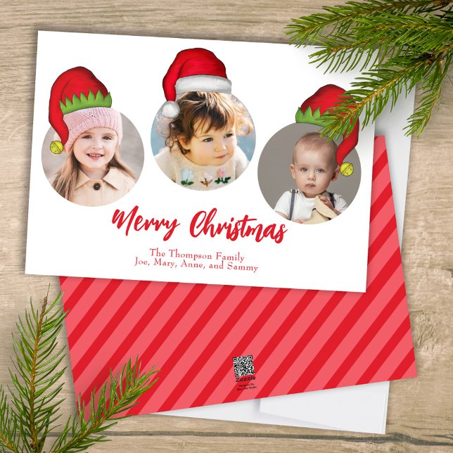 Christmas Cute Santa Elf Funny Whimsical 3 Photo Holiday Card (Merry Christmas cute whimsical multi-photo greeting card with a three-photo template. )