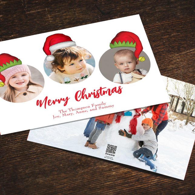 Christmas Cute Santa Elf Funny Whimsical 4 Photo Holiday Card (Merry Christmas cute whimsical multi photo greeting card with a four photo template. )