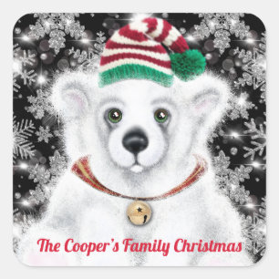 Christmas cute Santa polar bear cub snowflakes  Square Sticker