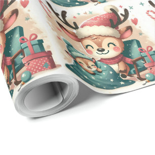 Christmas Cute Santa Reindeer gift box and pup Wrapping Paper