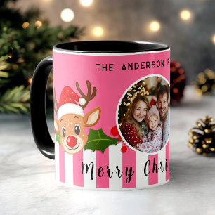 Christmas Cute Santa Reindeer & Holly Family Photo Mug