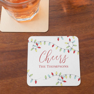 Christmas Cute Simple Colourful String Lights Square Paper Coaster
