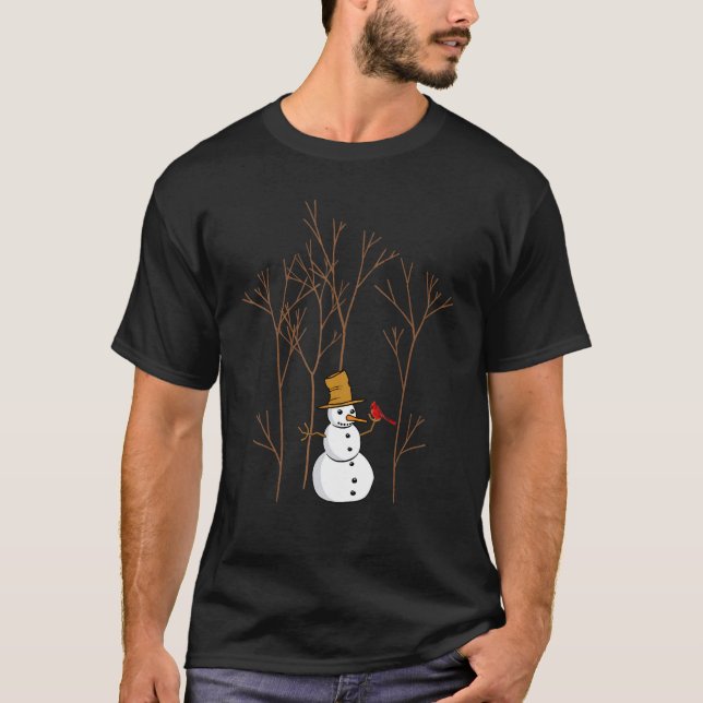 Christmas Cute Snowman and Cardinal Merry Christma T-Shirt (Front)