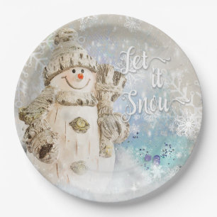 Christmas Cute Snowman with Snowflakes Paper Plate