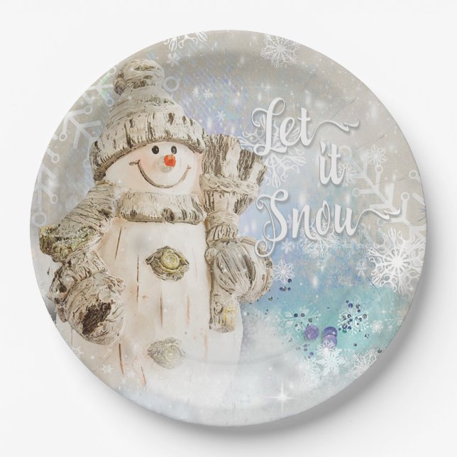 Christmas Cute Snowman with Snowflakes Paper Plate (Front)