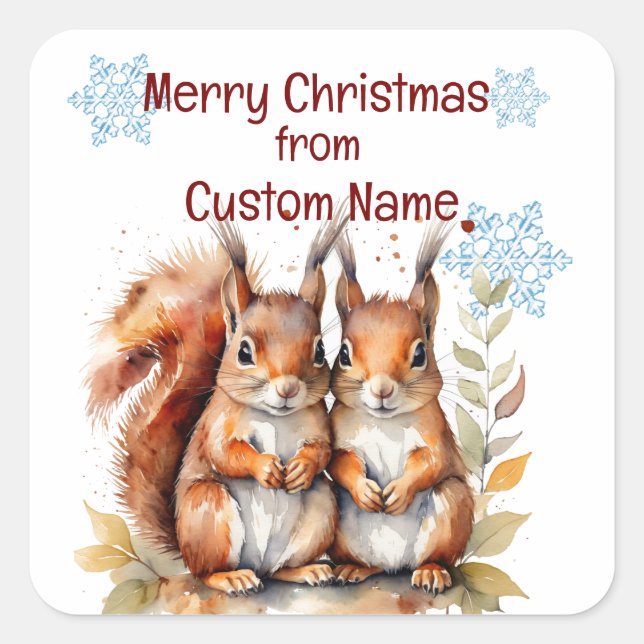 Christmas Cute Squirrel Couple Animal  Customise  Square Sticker (Front)