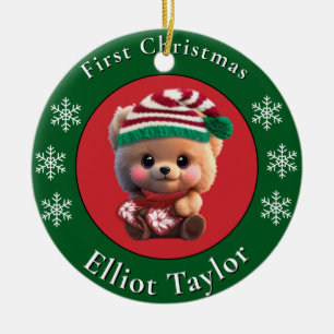 Christmas cute teddy bear cub red green lights  ceramic tree decoration