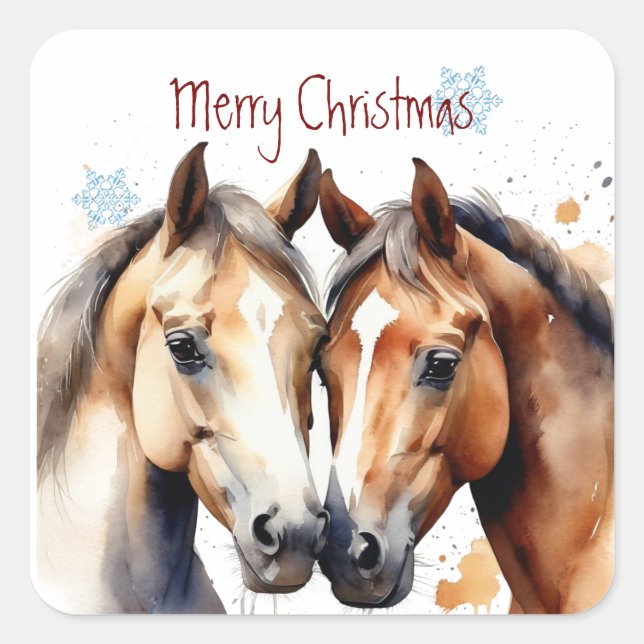 Christmas Cute Watercolor Horse Horses Square Sticker (Front)