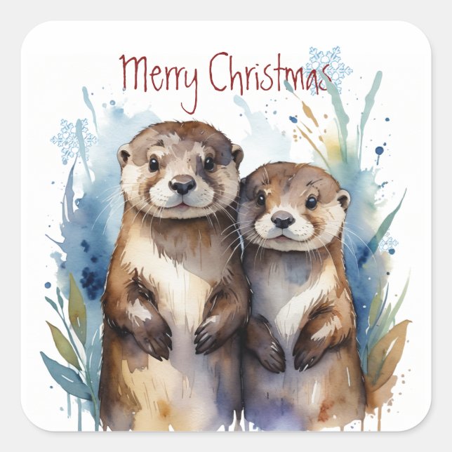 Christmas Cute Watercolor Otter Couple Animals  Square Sticker (Front)