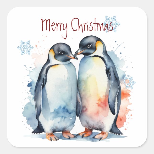Christmas Cute Watercolor Penguin Couple Animals  Square Sticker (Front)