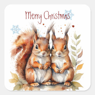 Christmas Cute Watercolor Squirrels Wildlife  Square Sticker
