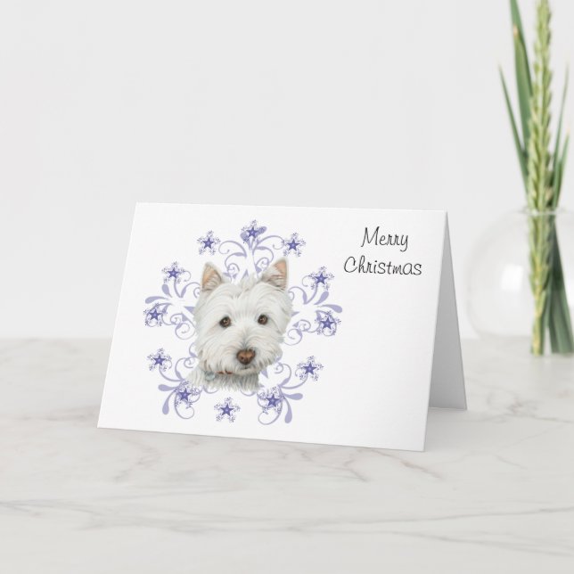 Christmas Cute Westie Dog Art and Snow flake Holiday Card (Front)