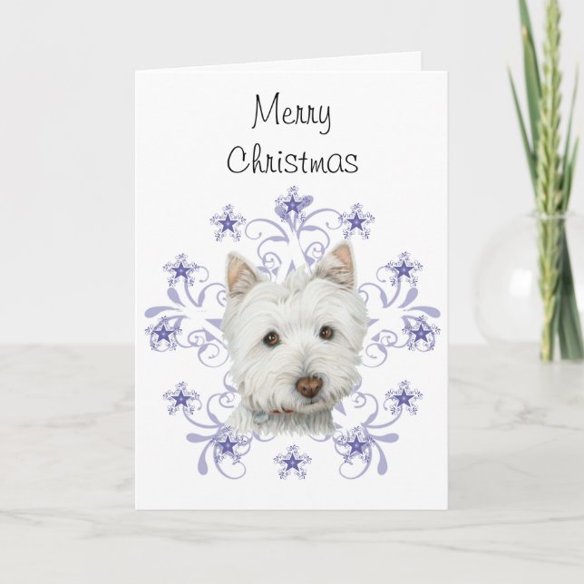 Christmas Cute Westie Dog Art and Snow flake Holiday Card (Front)