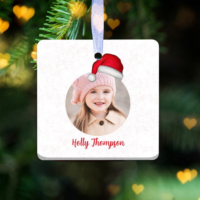 Christmas Cute Whimsical Santa Hat Photo  Ceramic Ornament (Red Santa Claus hat with a circle photo template. )