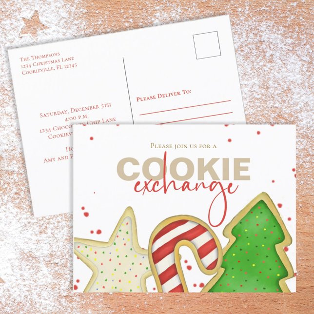 Christmas Cute Whimsical Sweet Cookie Exchange Inv Postcard (Christmas whimsical colorful cookie cutout postcard invitation with watercolor cute cookies. )