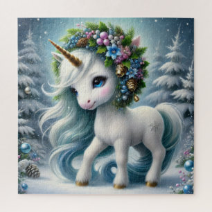 Christmas cute white unicorn with gold horn jigsaw puzzle