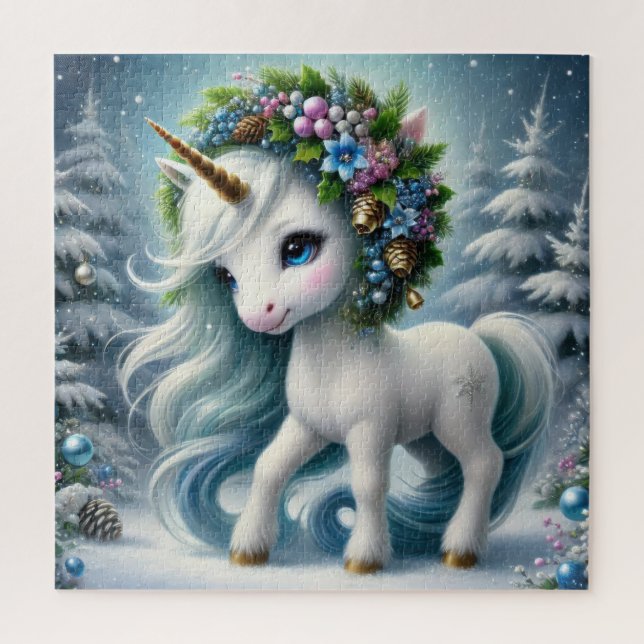 Christmas cute white unicorn with gold horn jigsaw puzzle (Vertical)