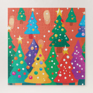 Christmas Cutest Cartoon Colourful Trees Jigsaw Puzzle