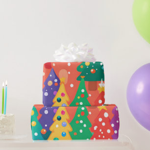 Christmas Cutest Cartoon Colourful Trees Wrapping Paper