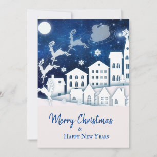 Christmas Cutout Town and Santa Claus at Night Holiday Card
