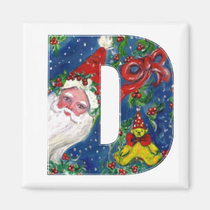 CHRISTMAS D LETTER / SANTA   RED RIBBON MONOGRAM MAGNET