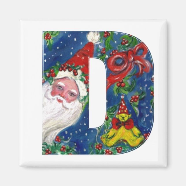CHRISTMAS D LETTER / SANTA   RED RIBBON MONOGRAM MAGNET (Front)