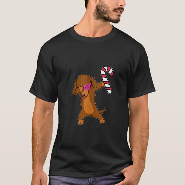 Christmas Dabbing Dachshund Puppy Dog Candy Cane D T-Shirt (Front)
