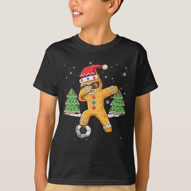 Christmas Dabbing Gingerbread Soccer Sport Santa T-Shirt (Front)