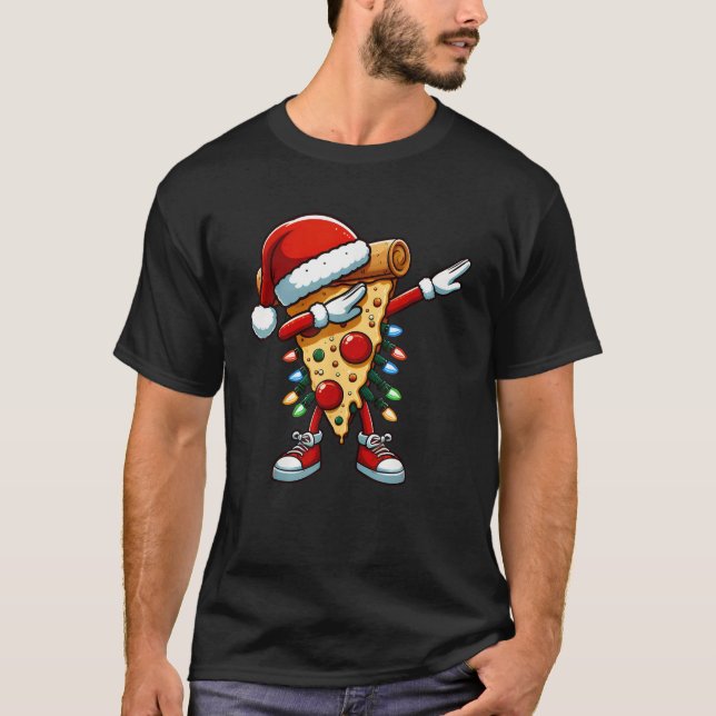 Christmas Dabbing Pizza Santa Hat Xmas Lights Girl T-Shirt (Front)