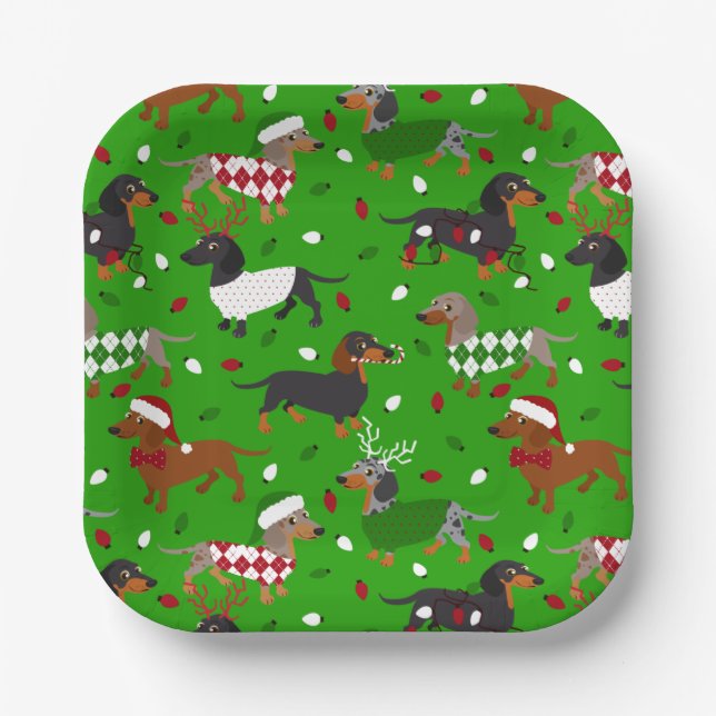 Christmas Dachshund All Coats Paper Plates (Front)