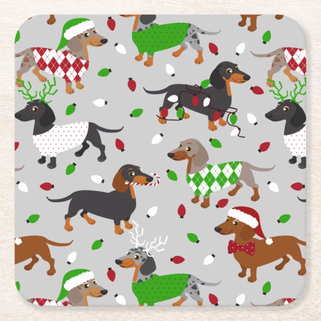 Christmas Dachshund All Coats Square Paper Coaster (Front)