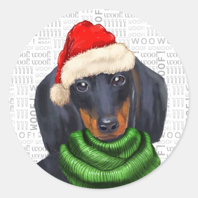 Christmas Dachshund and Woof Art Dog Lover Classic Round Sticker (Front)
