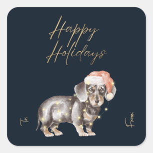 Christmas Dachshund Dog Santas Hat Faux Gold Foil Square Sticker