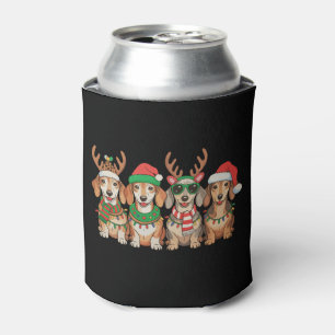 Christmas Dachshund Dog Xmas Lights Santa Hat Can Cooler