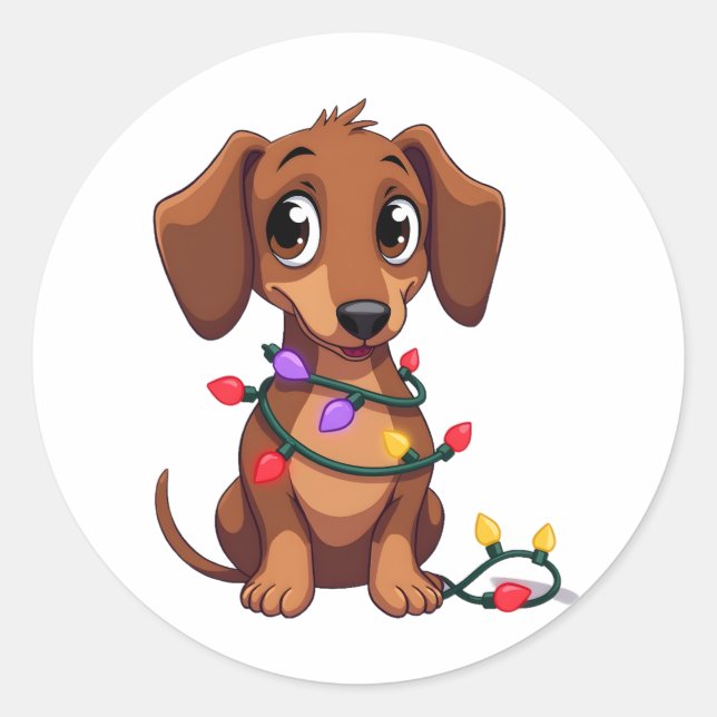 Christmas Dachshund Lights (3) Classic Round Sticker (Front)