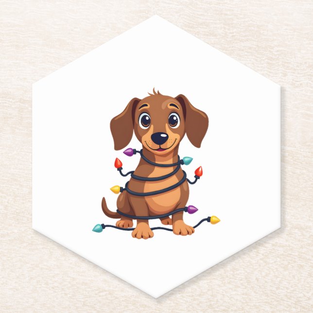 Christmas Dachshund Lights Paper Coaster (Front)