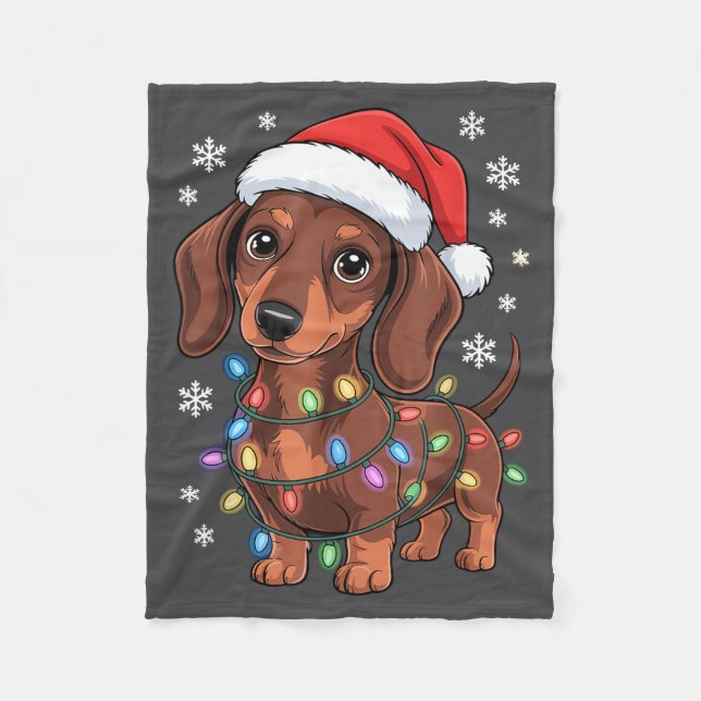 Christmas Dachshund Lights Santa Hat Holiday Dog L Fleece Blanket (Front)