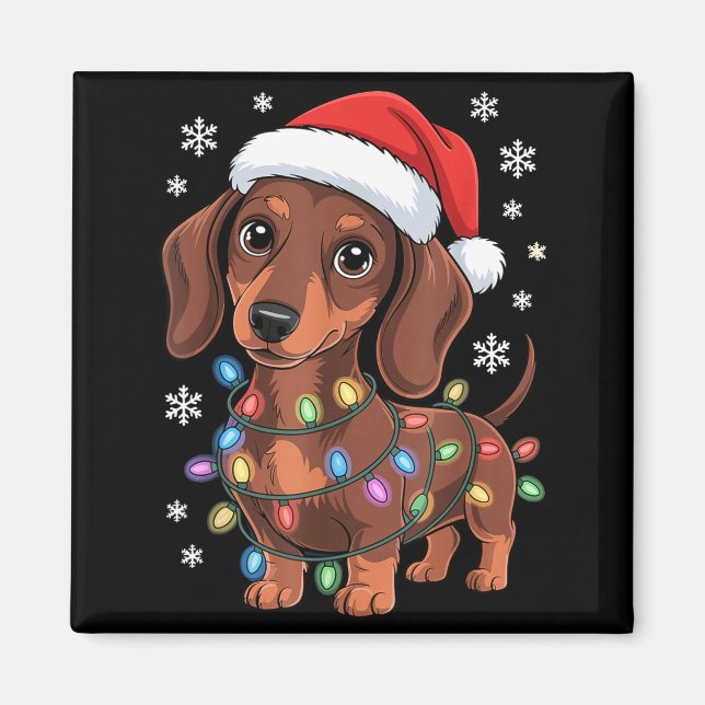 Christmas Dachshund Lights Santa Hat Holiday Dog L Magnet (Front)